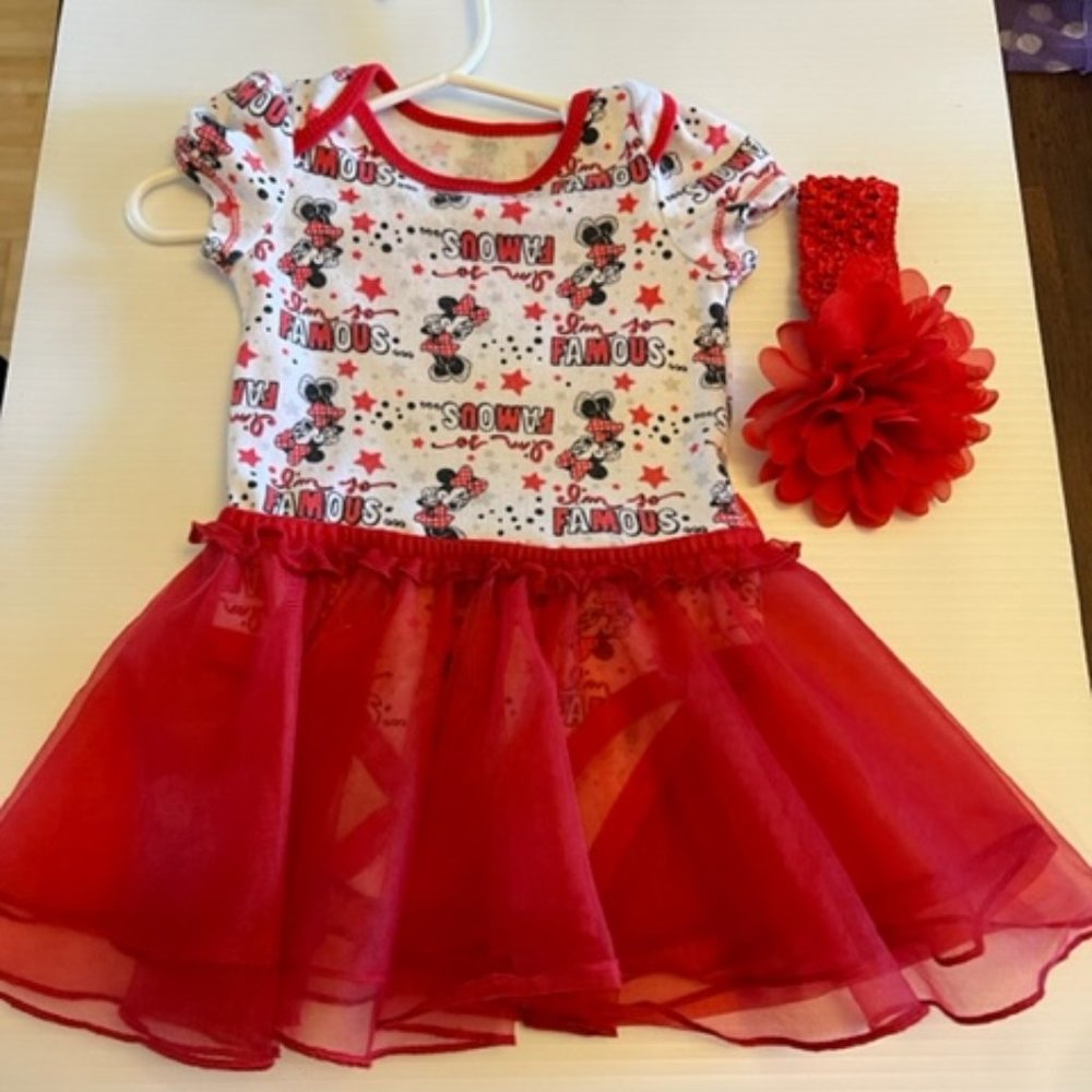 Disney print onesie with matching red tutu attached, includes headband